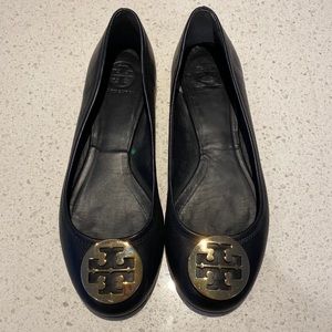 Tory Burch Reva Flat Black Leather and Gold